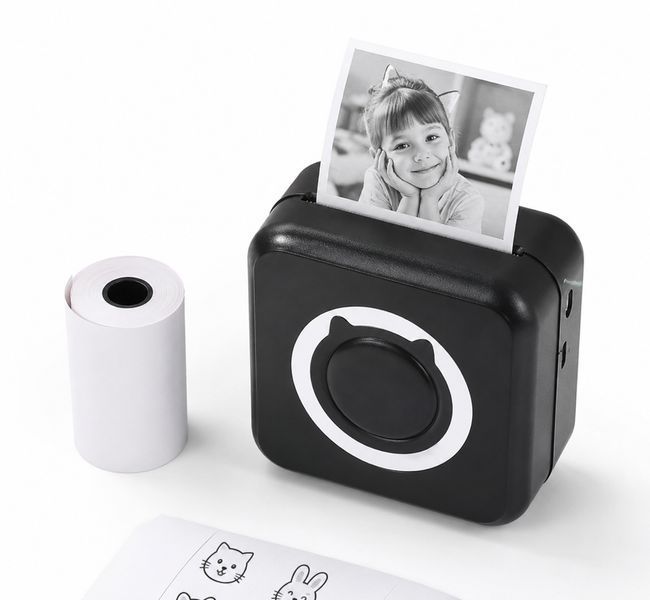 Мини термопринтер Bluetooth для печати фото и этикеток черный + 1 рулон / Карманный фотопринтер с USB зарядкой 0291b фото